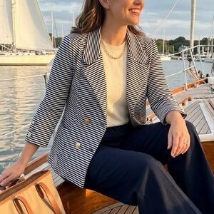 CAbi Nautical Blazer White Blue Striped Gold Buttons Pockets 3/4 Sleeve L